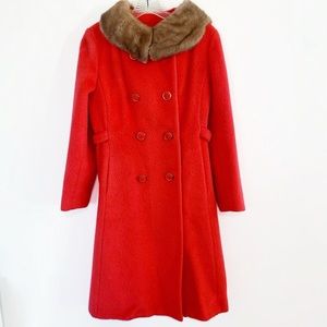 PRICE DROP Vintage Double Breasted Red Coat Fur Neckline 1960s 1970s Approx S/M